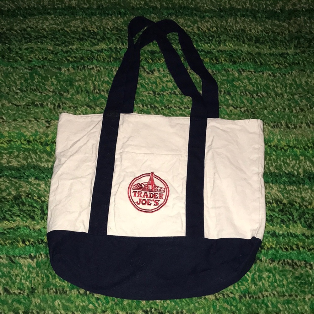Trader Joe's White and Navy Canvas Tote Bag with Logo